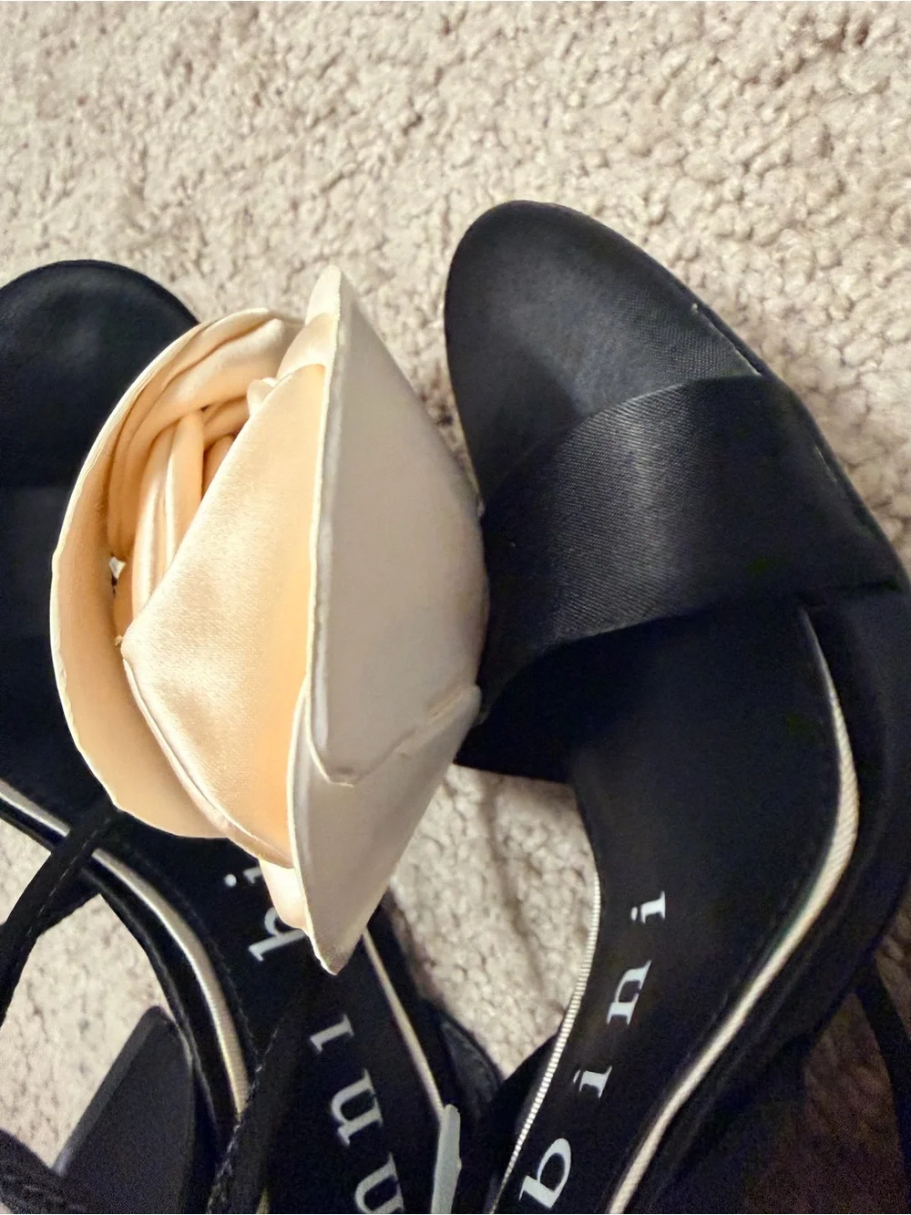 Gianni Bini Black Lace-Up Heels with Cream Rose Accents